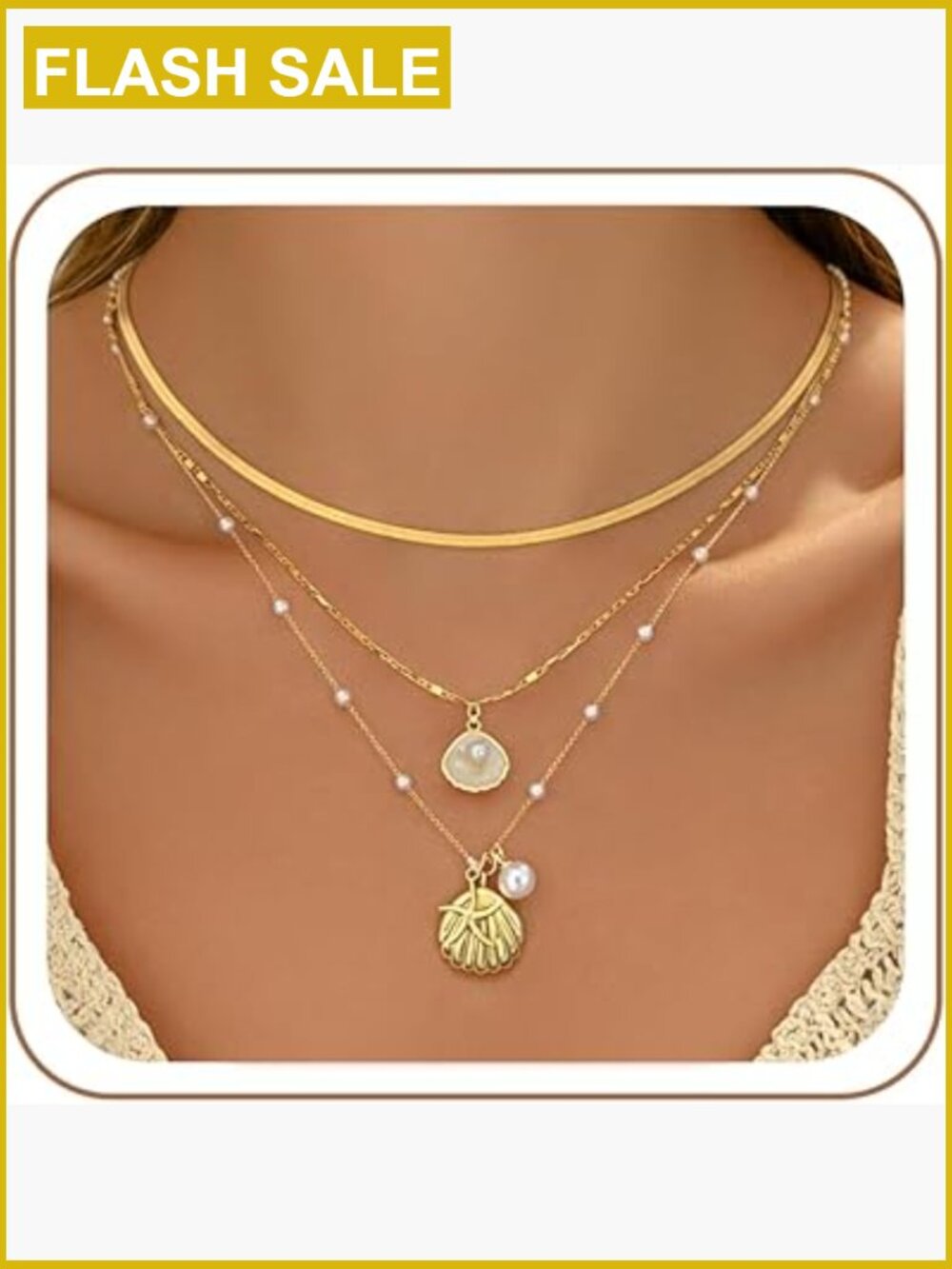 Layered Gold Seashell Necklace Set, Dainty Coastal Charm Jewelry for Women - Picture 1 of 7